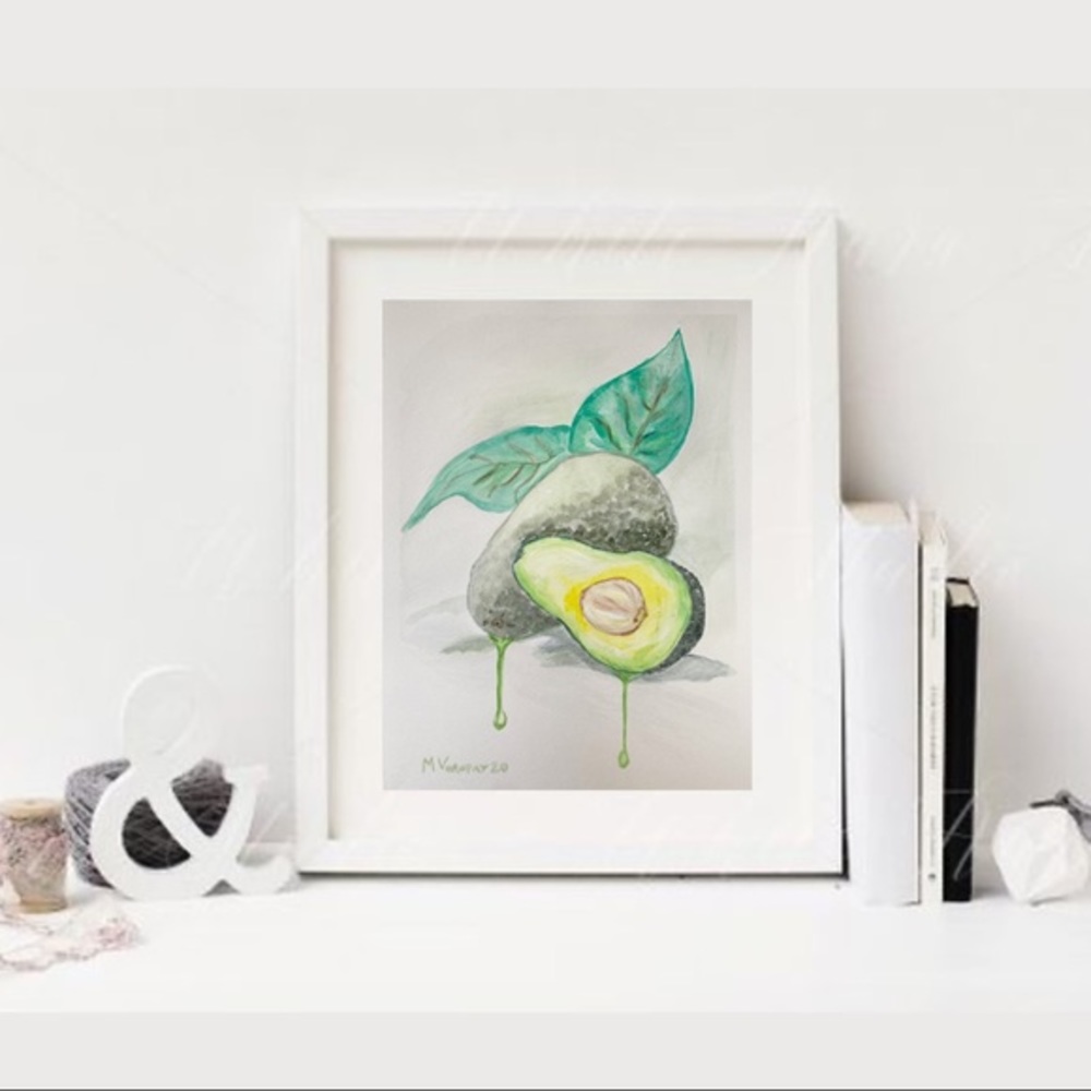 Avocado painting Food wall art fruit watercolor Original artwork 9 by 12 inches - Picture 1 of 11